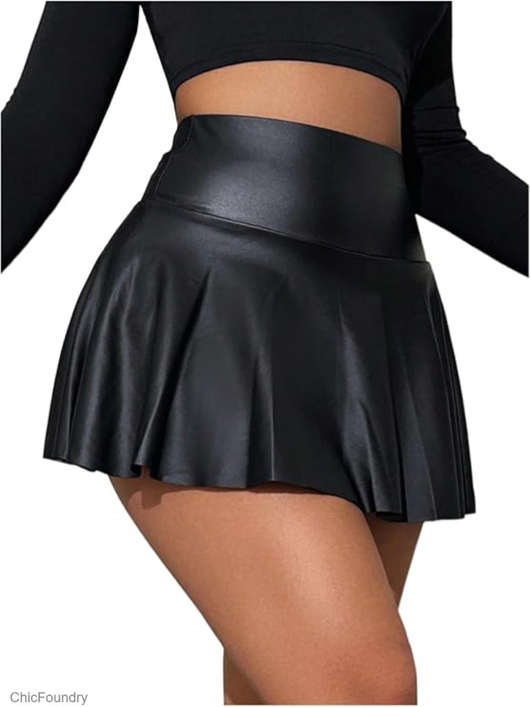 Pu Leather High Waist Skort With Ruffle Hem, Elastic Waist, Flared Mini